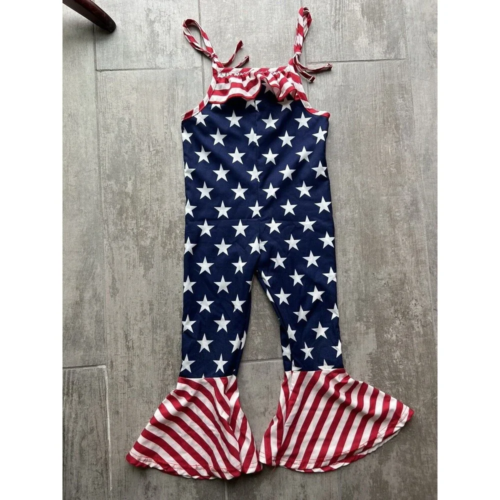 Los Angeles Boutique Toddler Girl American Flag Outfit Holiday Party Jumpsuit 3T - Picture 3 of 11